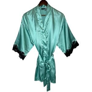Fredericks of Hollywood Satin and Lace Belted Harlow Kimono Robe Turquoise S / M